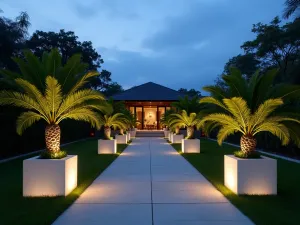 Linear Tropical Path - A straight path lined with illuminated cubic planters containing dragon trees and fan palms, leading to a modern pavilion, shot at dusk