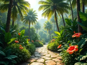 Lush Tropical Paradise Overview - Wide angle view of a vibrant tropical garden with layers of large-leafed plants, featuring towering palm trees, bird of paradise, and blooming hibiscus. Natural stone pathway winding through dense foliage, with dappled sunlight filtering through the canopy, photorealistic style