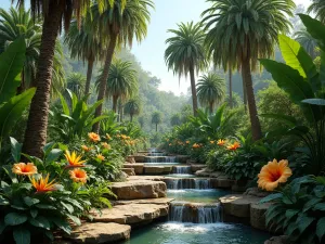 Lush Tropical Paradise - A vibrant tropical garden with tall palm trees, giant bird of paradise plants, and colorful hibiscus flowers. Natural stone pathways wind through dense foliage, with a small waterfall cascading over moss-covered rocks.