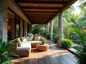 Luxury Tropical Poolside Patio - A luxurious covered patio with dark wood decking, surrounded by large palm trees, bird of paradise plants, and tropical ferns. Natural stone columns support a bamboo roof, with comfortable rattan furniture and tropical print cushions, photorealistic