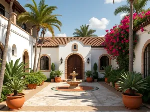 Mediterranean-Tropical Fusion Patio - Wide view of a patio blending Mediterranean and tropical styles, with whitewashed walls, terracotta pots, bougainvillea, and palm trees, featuring a small fountain and mosaic details