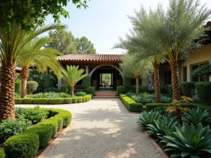 Mediterranean Tropical Mix - Wide angle view of a garden blending Mediterranean and tropical styles, featuring palm trees, olive trees, and tropical perennials in a gravel garden setting, fusion design style