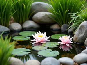 Mini Tropical Water Feature - Close-up of a small tropical water feature with water lilies and floating lotus flowers. Surrounded by compact elephant ears and Japanese forest grass. Natural stone edging.