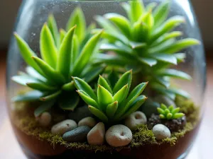 Miniature Jungle Container - Close-up of a terrarium-style glass container featuring mini monstera, fittonia, and small calathea plants, with decorative stones and moss, indirect light