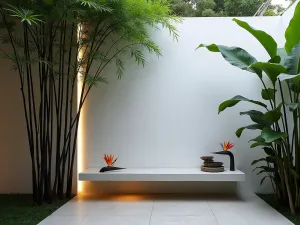 Minimalist Tropical Courtyard - A modern minimalist tropical courtyard with clean lines, featuring tall black bamboo, architectural birds of paradise, and a floating concrete bench against a white rendered wall, lit by contemporary LED strip lighting