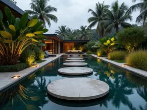 Modern Jungle Path - Wide-angle view of floating concrete stepping stones over a reflective pool, surrounded by giant taro plants and tropical grasses, with architectural lighting