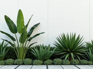 Modern Tropical Border - Minimalist tropical border with clean lines, featuring statement plants like giant bird of paradise and dragon tree against a white wall, modern design