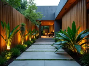 Modern Tropical Courtyard - Contemporary tropical courtyard garden with clean lines, featuring tall bamboo screens, structured plantings of cordyline, and minimal concrete elements. Mood lighting highlights architectural plants, modern design style