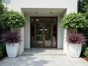 Modern Tropical Entryway - Wide shot of modern entrance featuring tall white planters with dragon trees, tropical cannas, and purple fountain grass, symmetrical arrangement