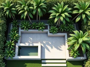 Modern Tropical Layout - An aerial view of a contemporary tropical garden with clean lines, featuring raised concrete planters filled with tropical plants and a geometric water feature.