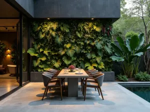 Modern Tropical Patio Dining - Close-up of a contemporary patio dining area with sleek concrete floors and a dramatic living wall of tropical plants including philodendrons and monstera. Minimalist furniture and ambient lighting create a sophisticated atmosphere