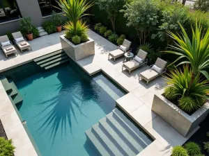 Modern Tropical Pool Patio - Aerial view of a contemporary pool patio with clean lines, featuring giant bird of paradise, tropical grasses, and architectural succulents in modern concrete planters