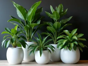 Modernist Plant Gallery - Close-up of a curated display of rare tropical plants in modern white planters against a dark wall, with focused lighting highlighting their architectural forms