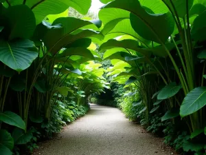 Monstera Tunnel - Natural tunnel formed by large Monstera Deliciosa leaves over a gravel pathway, creating a dramatic overhead canopy, shot from ground level