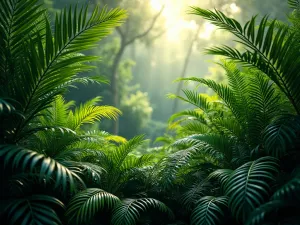 Exotic Palm and Fern Border - Close-up view of a lush tropical border combining various textures of palm fronds and tree ferns, creating a dramatic jungle-like atmosphere with dappled sunlight filtering through, 4k detailed