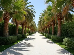 Palm Grove Passage - Wide view of a straight pathway through a grove of different palm varieties, creating dramatic shadows on a white pebble path