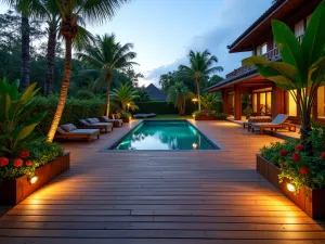 Paradise Pool Deck - Wide view of a wooden deck surrounding a pool, decorated with potted palms and tropical flowers. Features built-in benches and atmospheric lighting.