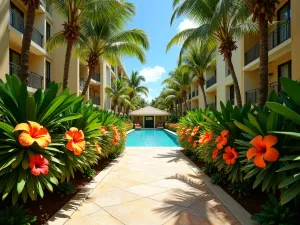 Paradise Pool Path - Wide angle view of a pathway connecting to a tropical pool area, lined with flowering Plumeria trees and colorful Hibiscus bushes