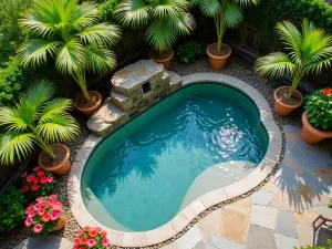 Poolside Tropical Paradise - Aerial view of a small plunge pool surrounded by container-grown travelers palms, colorful ti plants, and potted hibiscus. Natural stone decking.