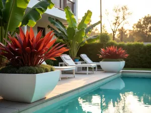 Poolside Tropical Planters - Wide-angle view of large white contemporary planters surrounding a pool, filled with red cordyline, banana plants, and trailing sweet potato vine, late afternoon sun