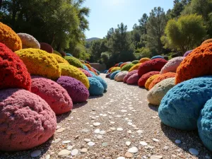 Rainbow Path - Wide angle view of a curved pathway bordered by Crotons of various colors, creating a rainbow effect, with crushed shell paving