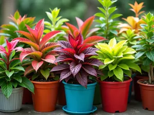 Rainbow Tropical Display - Colorful collection of containers featuring plants with vibrant foliage including crotons, coleus, and red ti plants, arranged in a circular pattern, bright natural lighting