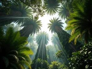 Rainforest Canopy Garden - Looking up through layers of tropical garden canopy, showing tall palms, tree ferns, and hanging epiphytes creating a natural rainforest effect. Filtered sunlight creates dramatic shadows, atmospheric style