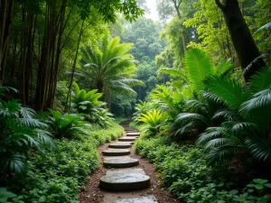 Rainforest Path - A winding pathway through dense tropical vegetation, with tall tree ferns creating a natural canopy. Stepping stones lead through a carpet of small flowering plants.