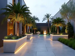 Sculptural Palm Garden - Wide-angle shot of architectural kentia palms in large geometric planters, with LED strip lighting and modern outdoor sculptures on a minimal concrete patio