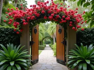 Secret Garden Entry - Close-up of an ornate wooden gate covered in flowering Trumpet Vine, opening onto a tropical pathway lined with Cordyline plants