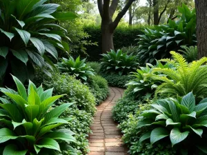 Shade Tropical Border - Close-up of a tropical border designed for deep shade, featuring various ferns, hostas, and shade-loving tropical plants