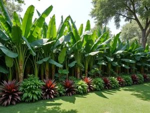 Subtropical Border Design - Wide view of a mixed tropical border with graduated heights, featuring banana plants, cannas, and gingers creating a lush wall of foliage and flowers. Natural style with informal planting