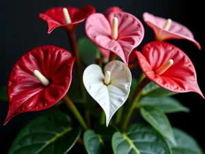 Anthurium Collection - Close-up of various anthurium flowers in red, pink, and white, showcasing their glossy heart-shaped leaves and dramatic flowers, studio-quality lighting