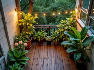 Tropical Balcony Oasis - Aerial view of a small balcony transformed with potted banana plants, trailing golden pothos, and flowering gingers. Wooden decking and string lights.