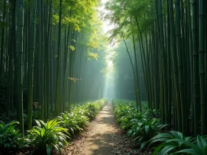 Tropical Bamboo Grove - Aerial view of a peaceful bamboo grove with multiple varieties creating natural pathways, underplanted with tropical ground covers, morning mist