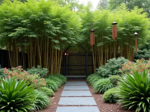 Tropical Bamboo Screen - Natural privacy screen created with clumping bamboo, red ti plants, and climbing passion flowers. Slate path and copper wind chimes.