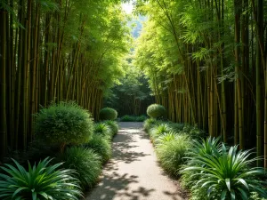 Bamboo Grove Shade Garden - Aerial view of a bamboo-shaded garden area with understory planting of hardy gingers, peacock ginger, and Japanese forest grass, creating dappled shade patterns