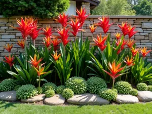 Lush Tropical Border with Staggered Heights - A vibrant tropical garden border with layered plantings, featuring tall red cannas in the back, medium-height birds of paradise, and shorter colorful crotons in the front, all arranged against a natural stone wall, photorealistic, afternoon sunlight