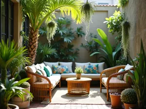 Tropical Breakfast Nook - A small outdoor seating area surrounded by dwarf palm trees, colorful crotons, and hanging air plants. Rattan furniture and tropical print cushions. Morning light filtering through leaves.