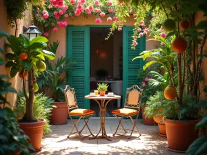 Tropical Breakfast Patio - Intimate morning scene of a small breakfast patio surrounded by colorful tropical flowers and foliage, with a bistro set and tropical fruit trees in decorative pots