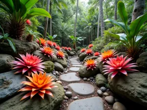 Tropical Bromeliad Garden - Wide view of a colorful bromeliad garden featuring different varieties with red, orange, and purple centers, growing amongst rocks and fallen logs