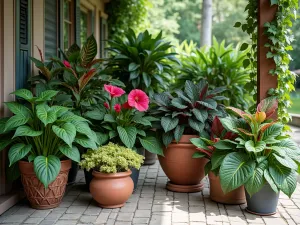 Tropical Container Collection - Arranged collection of tropical plants in various decorative containers, including colorful caladiums, prayer plants, and trailing vines on a shaded patio, container garden style