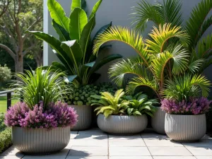 Tropical Container Display - Artistic arrangement of tropical plants in contemporary containers, featuring colorful crotons, cordylines, and flowering purple tibouchina, perfect for patio