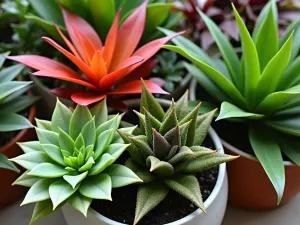 Tropical Container Garden - Close-up of artfully arranged tropical plants in decorative containers, featuring different textures and colors of foliage. Includes dramatic red and orange accent plants.