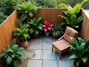 Tropical Container Paradise - Aerial view of a small patio filled with tropical container plants, including potted palms, tropical ferns, and bright red bromeliads. Bamboo privacy screen and teak furniture. Warm evening lighting.