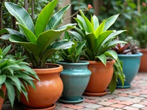 Tropical Container Patio Garden - Close-up detail of a tropical container garden arrangement on a patio, featuring colorful ceramic pots with ti plants, crotons, and tropical pitcher plants, arranged at varying heights