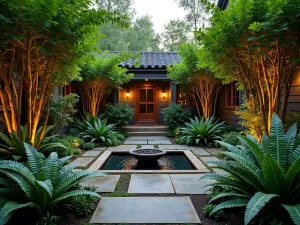 Tropical Courtyard Haven - Small courtyard garden with tall tree ferns, striped calatheas, and climbing jasmine. Central water feature and copper lanterns. Evening atmosphere.