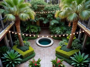 Tropical Courtyard - Aerial view of an enclosed courtyard garden with tropical plants surrounding a central water feature. String lights crisscross overhead between tall palms.