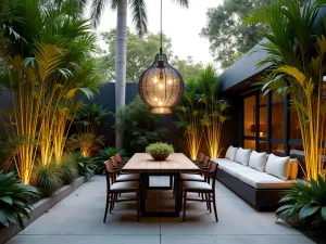 Tropical Dining Terrace - Modern outdoor dining area surrounded by giant bird of paradise and bamboo, with contemporary pendant lighting and built-in bench seating