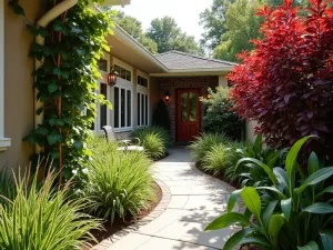 Tropical Entry Garden - Inviting small entry garden with red cordylines, variegated shell ginger, and climbing mandevilla. Curved pathway and copper garden lights.